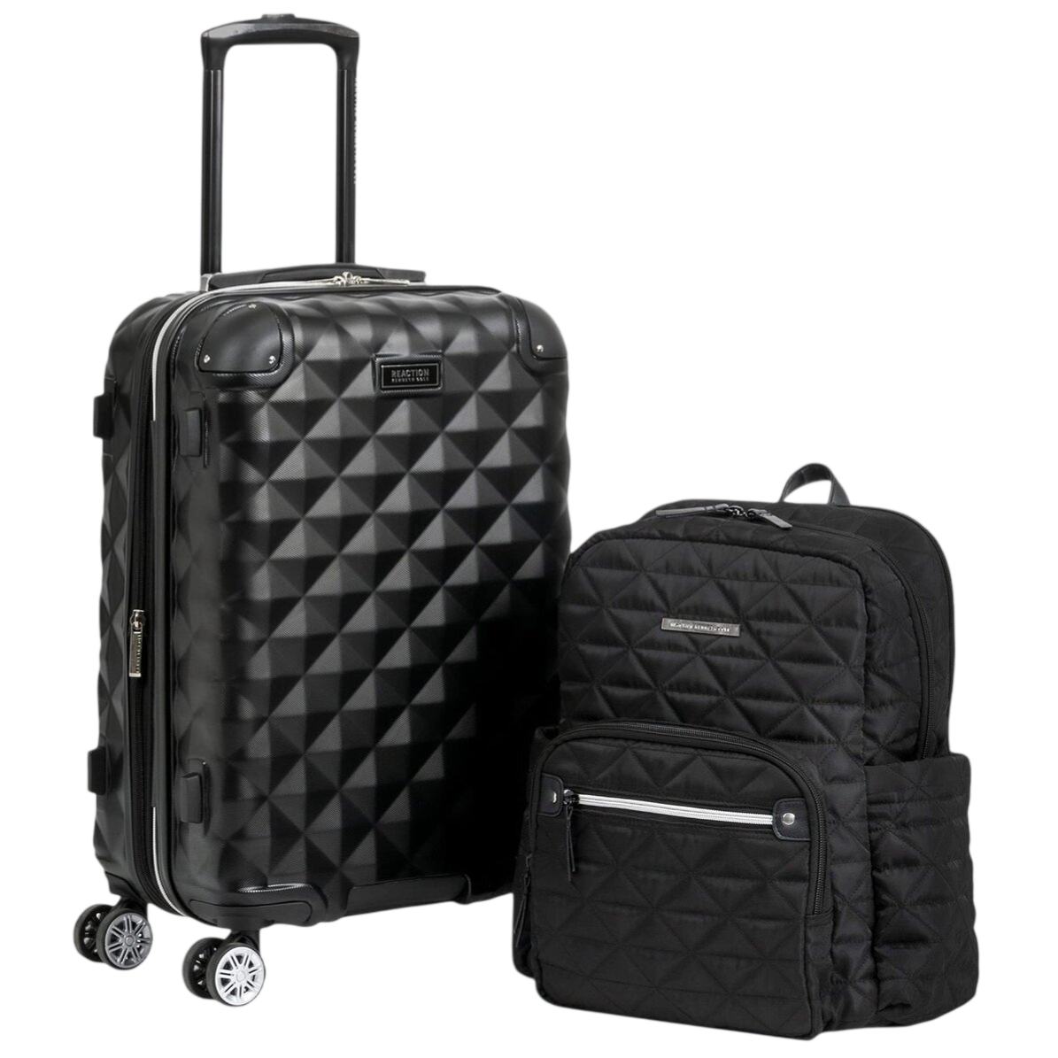 A black textured carry-on suitcase with four wheels and a matching black quilted backpack, featuring silver zippers and branding.