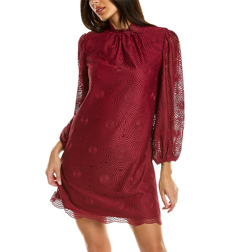 Maroon lace mini dress with long sheer sleeves, a gathered neckline, circular textured pattern, and scalloped hem.