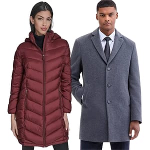 A woman is wearing a maroon hooded puffer coat, and a man is in a gray button-up overcoat with a suit and tie.