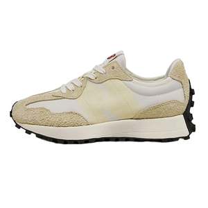 New Balance Women's 327 Shoes feature a retro-inspired design with a mix of beige suede and nylon upper, white laces, and a distinctive black outsole.