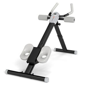 Exercise equipment featuring a compact design, digital display, and padding for comfort, likely used for core strengthening workouts.