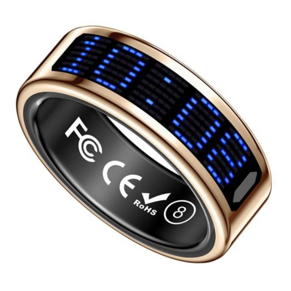 A smart ring with a digital display showing the time, featuring a gold-toned exterior and certification logos like FCC, CE, and RoHS on the inside.