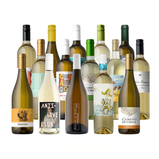 A collection of various white wine bottles, each with unique labels and designs, showcasing different brands and varietals.
