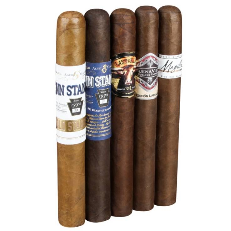 Five cigars with various wrappers and bands are aligned horizontally, displaying different brands and blends.