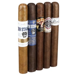 Five cigars with various wrappers and bands are aligned horizontally, displaying different brands and blends.