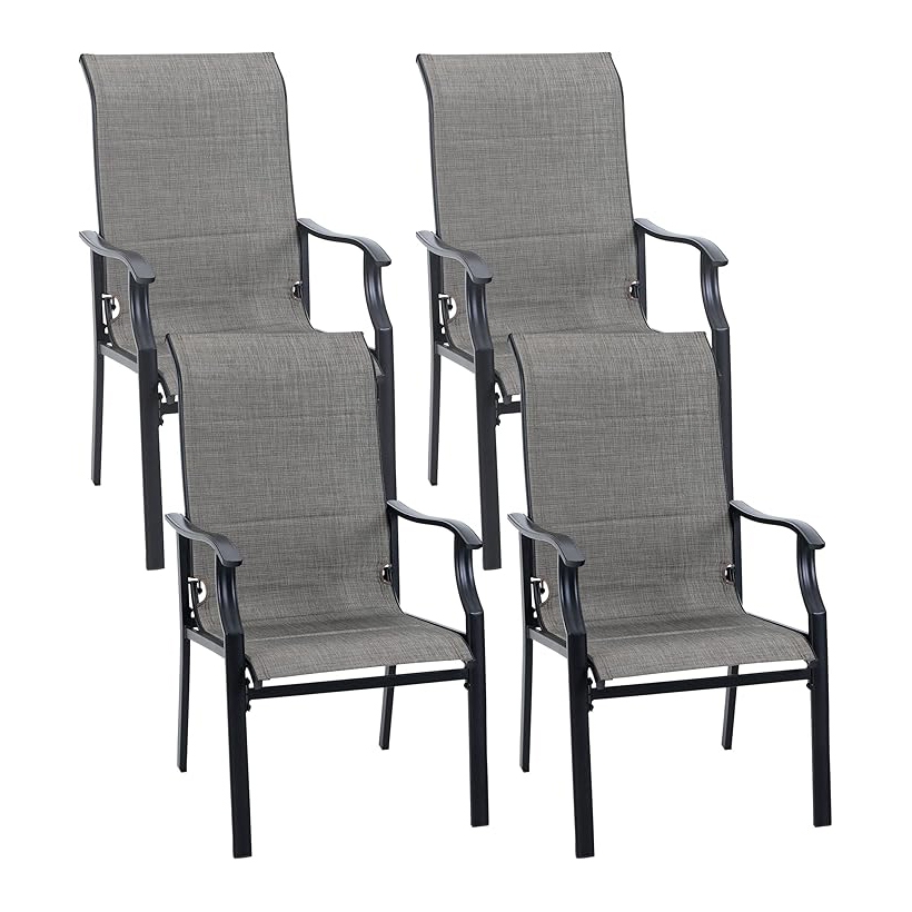 Set of four gray padded patio chairs with black metal frames and armrests, featuring a sleek design suitable for outdoor use.
