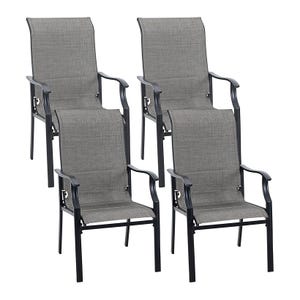 Set of four gray padded patio chairs with black metal frames and armrests, featuring a sleek design suitable for outdoor use.