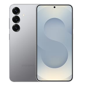 Silver Samsung smartphone with three rear cameras and a centered punch-hole front camera.