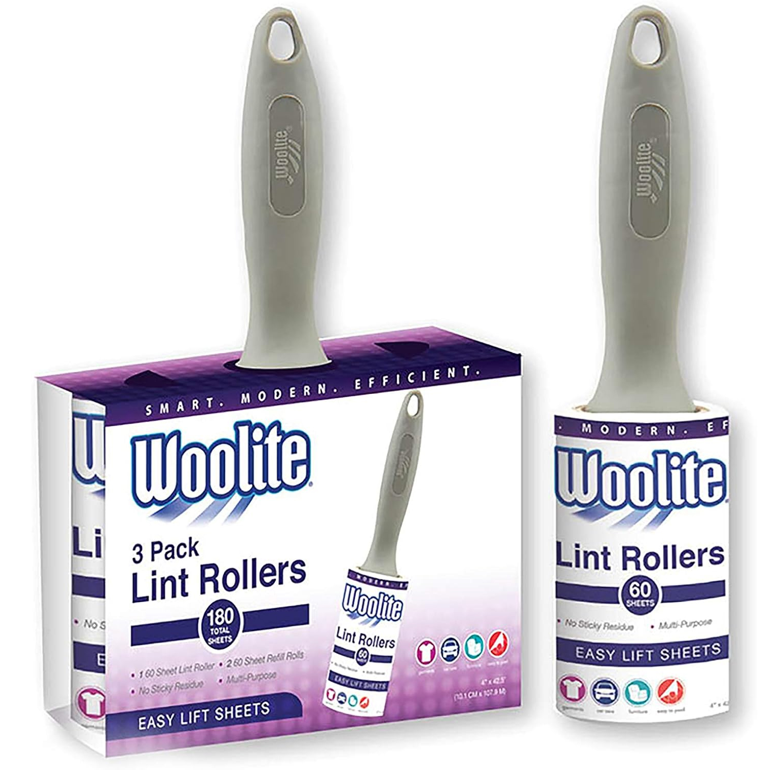 3-pack of Woolite Lint Rollers, each with 60 easy-lift sheets, designed to remove lint, pet hair, and dust without sticky residue. Multi-purpose use indicated for clothing, furniture, and car interiors. Total of 180 sheets.