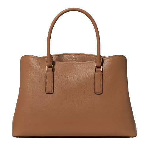 Brown leather tote bag with two handles and subtle gold hardware.