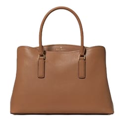 Brown leather tote bag with two handles and subtle gold hardware.