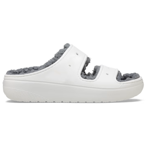 White slip-on sandals with a thick sole and gray fuzzy lining. They feature two wide straps with openings for ventilation.