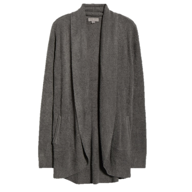 Gray open-front cardigan with a ribbed shawl collar and pockets.