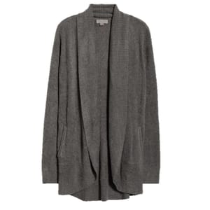 Gray open-front cardigan with a ribbed shawl collar and pockets.