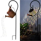Decorative solar watering can lights with LED string lights, featuring a floral cutout design that casts intricate shadows when illuminated. Ideal for garden or outdoor decor.