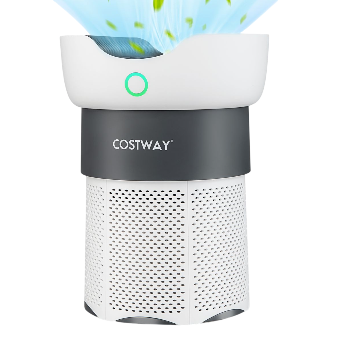 Costway air purifier with a modern design, featuring a white and gray color scheme, and a perforated lower section for air intake. It emits blue light and animated leaves, suggesting air purification.
