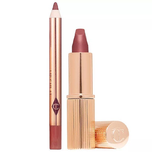 A lip liner and lipstick set with a rose gold design, featuring a deep pink shade.