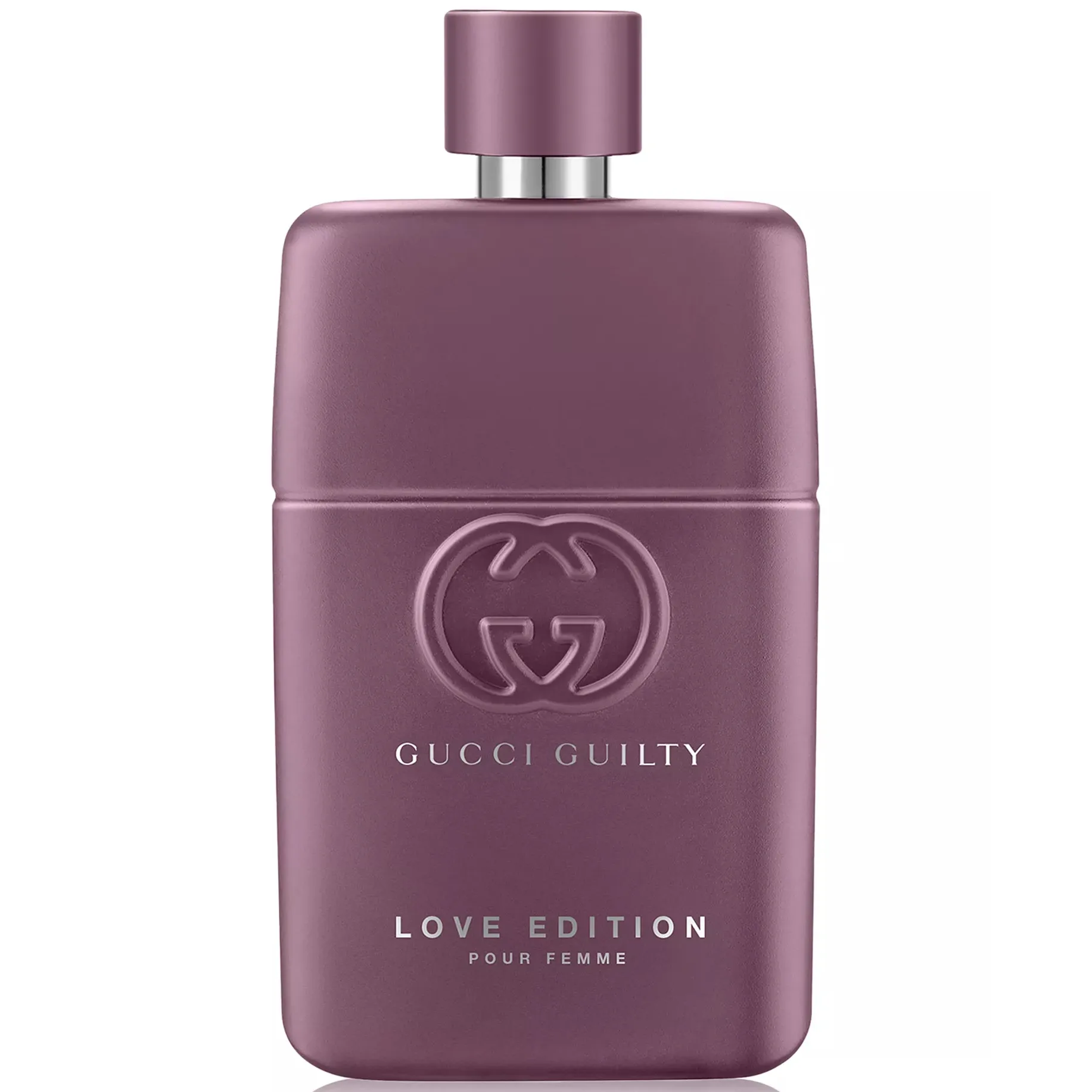 Gucci Guilty Love Edition Pour Femme, a women's fragrance, features a purple bottle with the Gucci logo.