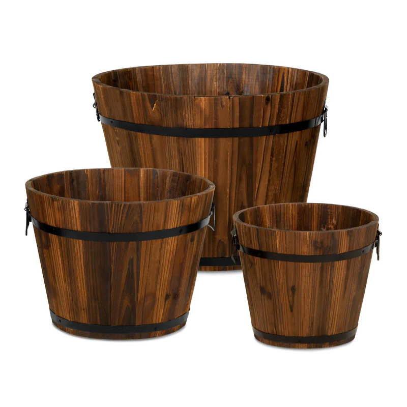Three varying sizes of wooden buckets with black metal bands.
