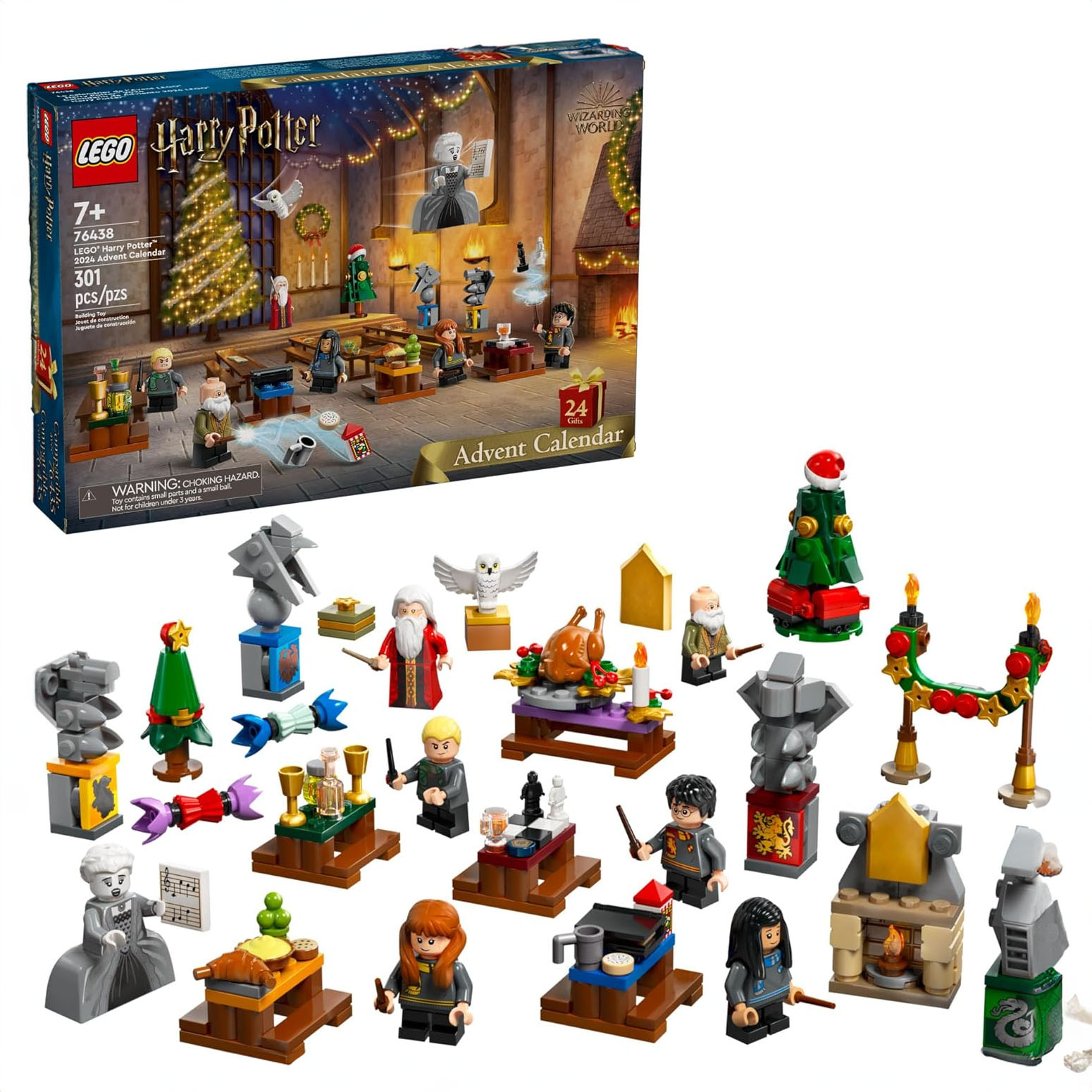 A LEGO Harry Potter Advent Calendar featuring miniature character figures, holiday-themed decorations, and elements from the Harry Potter series.