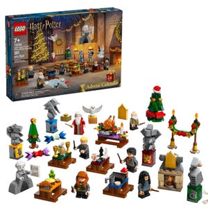A LEGO Harry Potter Advent Calendar featuring miniature character figures, holiday-themed decorations, and elements from the Harry Potter series.