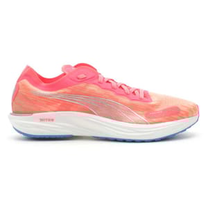 Puma Liberate Nitro Running Shoes feature a vibrant pink and orange upper with reflective silver accents, a cushioned white sole with \“NITRO\“ technology, and a blue outsole for traction.