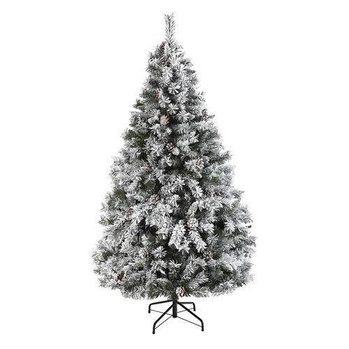 A 6ft artificial Christmas tree with flocked snow-covered branches, giving it a wintry appearance. It features a sturdy metal stand and realistic, dense foliage for a festive look.