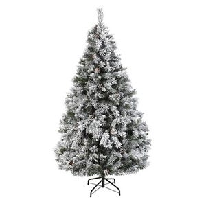 A 6ft artificial Christmas tree with flocked snow-covered branches, giving it a wintry appearance. It features a sturdy metal stand and realistic, dense foliage for a festive look.