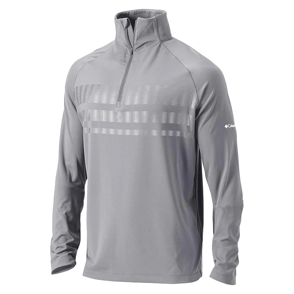 A gray long-sleeve pullover with a quarter-zip and subtle stripe design, featuring the Columbia logo on the sleeve.
