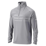 A gray long-sleeve pullover with a quarter-zip and subtle stripe design, featuring the Columbia logo on the sleeve.