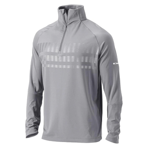 A gray long-sleeve pullover with a quarter-zip and subtle stripe design, featuring the Columbia logo on the sleeve.