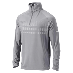 A gray long-sleeve pullover with a quarter-zip and subtle stripe design, featuring the Columbia logo on the sleeve.