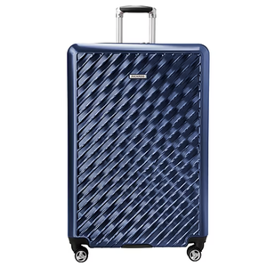 A blue hard-shell suitcase with a diagonal textured pattern, featuring a telescopic handle and four spinner wheels.