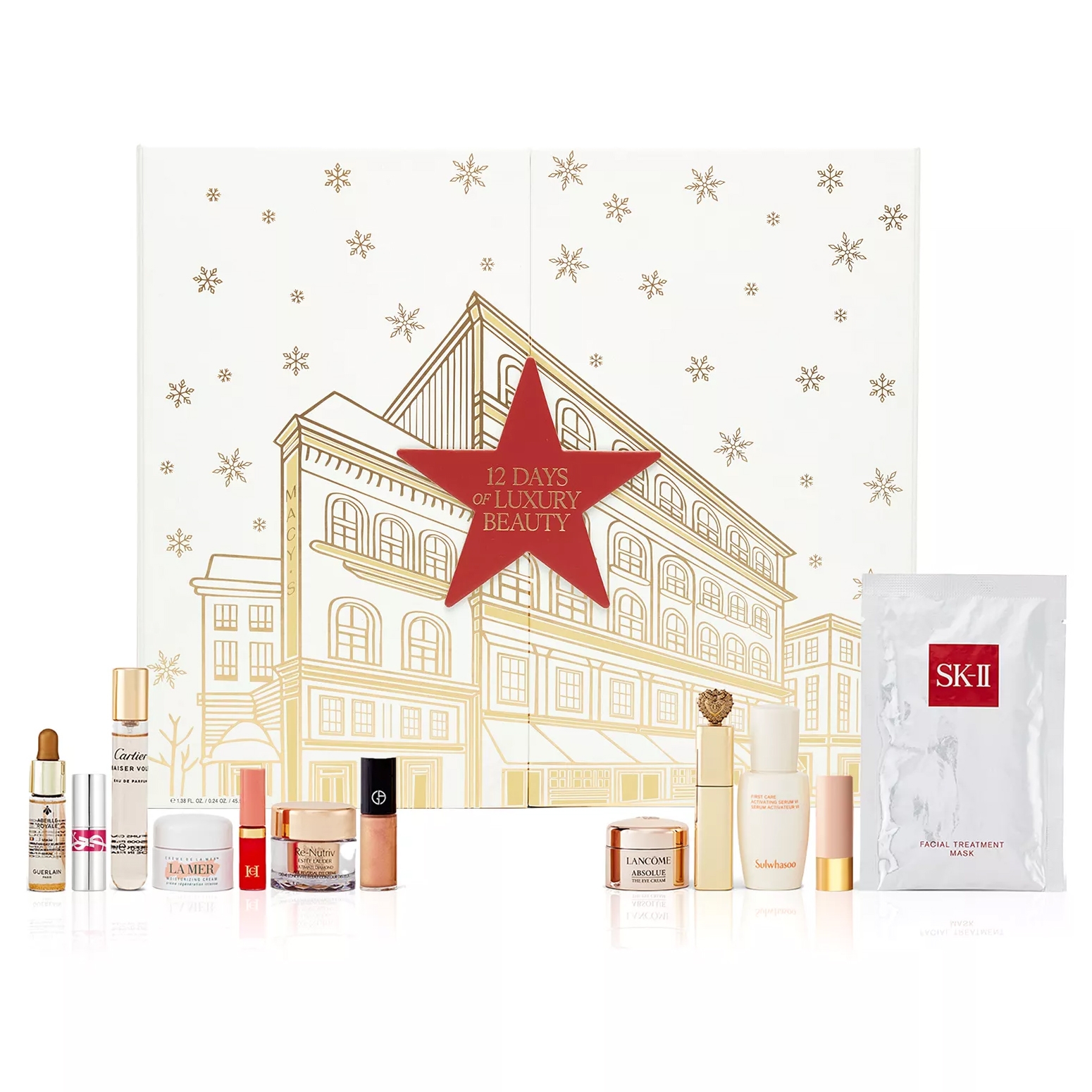 12 Days of Luxury Beauty set featuring skincare and cosmetic items from brands like La Mer, Lancôme, SK-II, and more, including creams, serums, masks, lip products, and fragrances, presented in a festive box with a gold and red design.