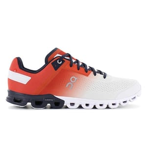 A white and orange gradient running shoe with black and white sole, featuring \“CloudTec\“ technology and the \“On\“ logo on the side.