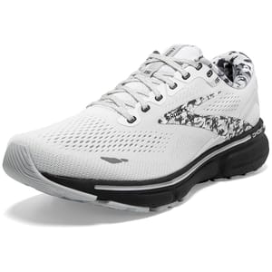 White Brooks Women's Ghost 15 running shoes with a patterned design on the sides, mesh upper for breathability, cushioned sole for comfort, and lace-up closure.