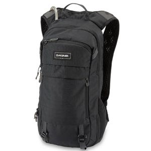 A black Dakine hydration backpack featuring a compact design with a front zippered pocket, padded shoulder straps, and a hose for hydration. Ideal for outdoor activities.