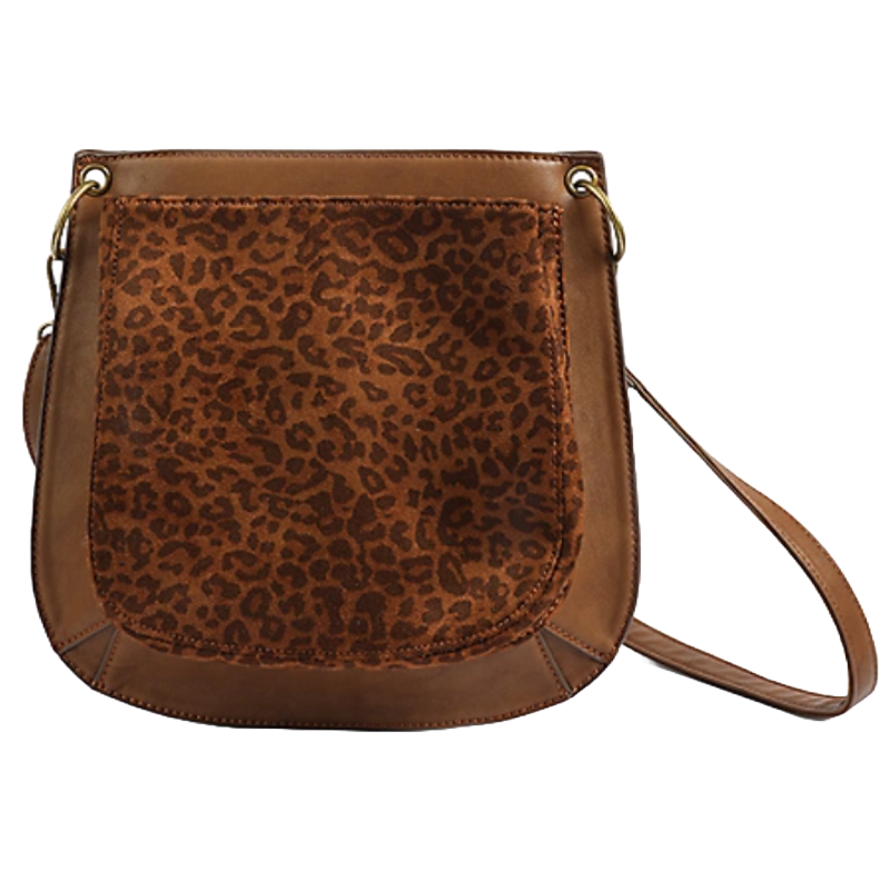 Brown shoulder bag with a leopard print front panel, gold-tone hardware, and a long strap.
