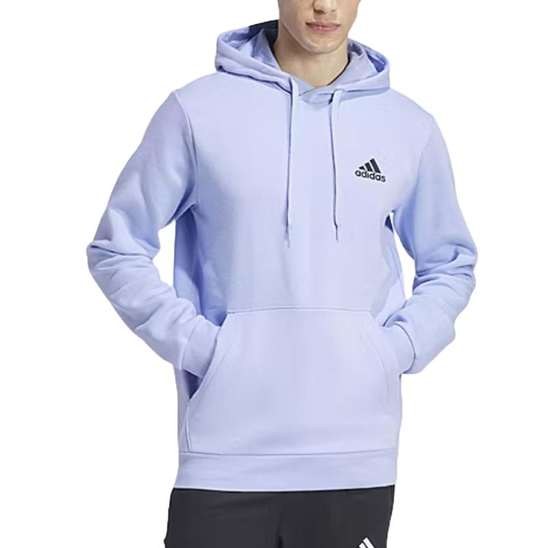 A light purple Adidas hoodie with a logo on the chest, featuring a front pocket and drawstring hood.