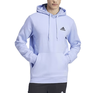 A light purple Adidas hoodie with a logo on the chest, featuring a front pocket and drawstring hood.