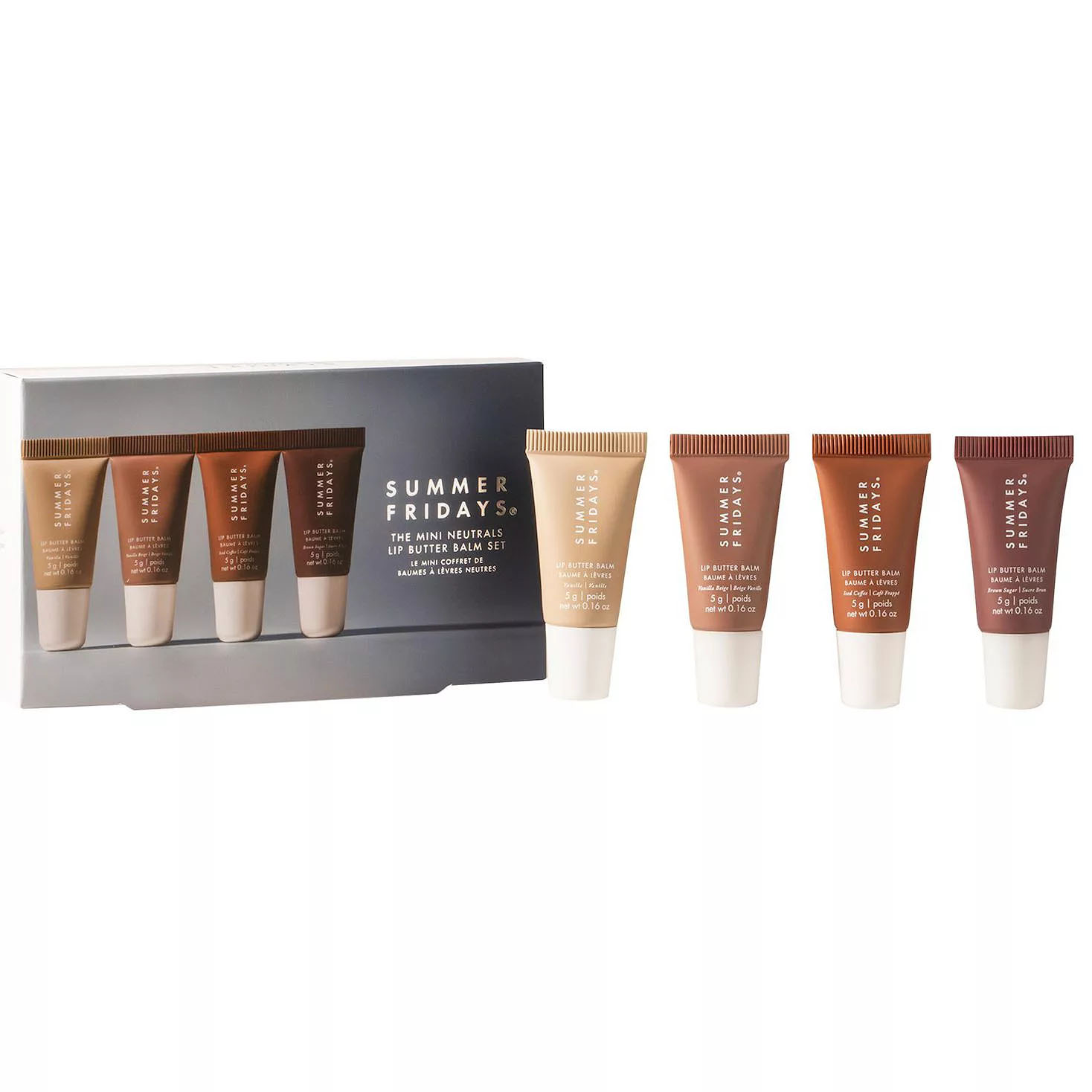 A collection of five Summer Fridays lip butter tubes arranged horizontally next to their box, each labeled with different shades.