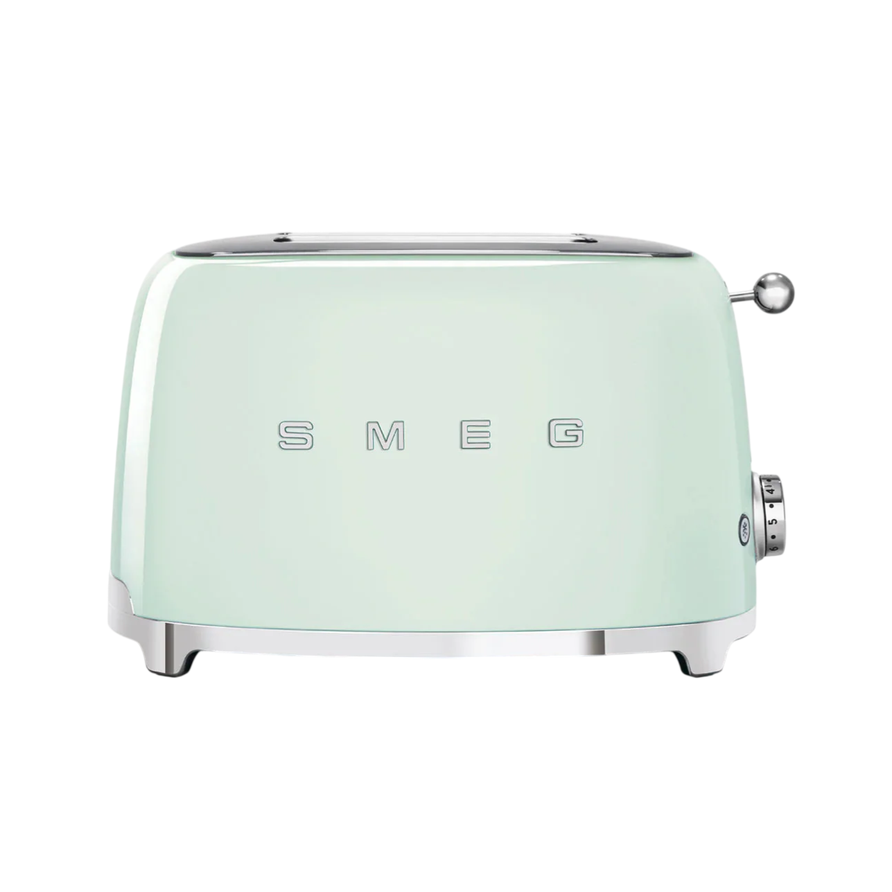 A mint green SMEG toaster with a retro design features a stainless steel lever and adjustable browning control.