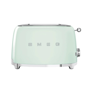 A mint green SMEG toaster with a retro design features a stainless steel lever and adjustable browning control.