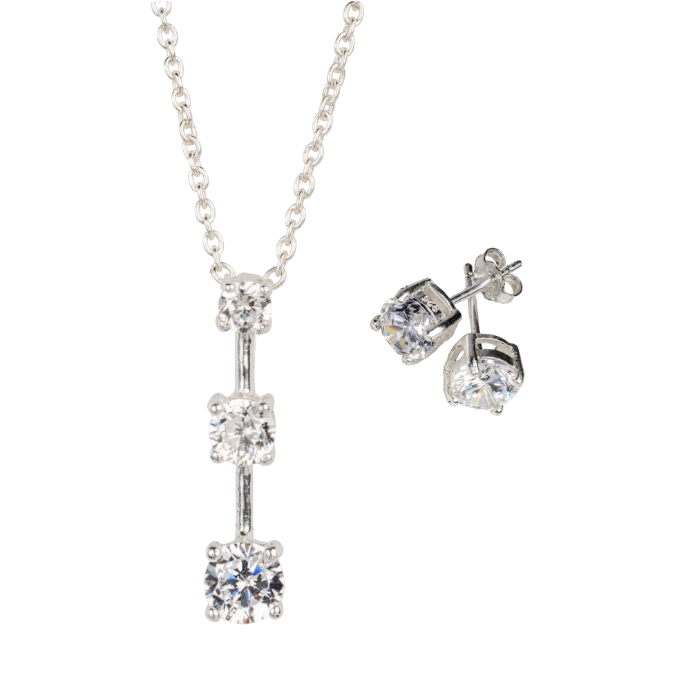 A silver-tone necklace with a vertical pendant featuring three round cubic zirconia stones, paired with matching round cubic zirconia stud earrings.