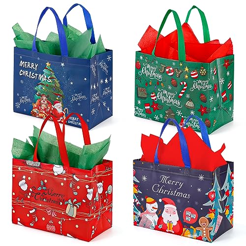 Four colorful Christmas-themed tote bags with assorted festive designs including Santa, reindeer, and holiday greetings. Some bags are adorned with illustrations of snowmen and Christmas trees.