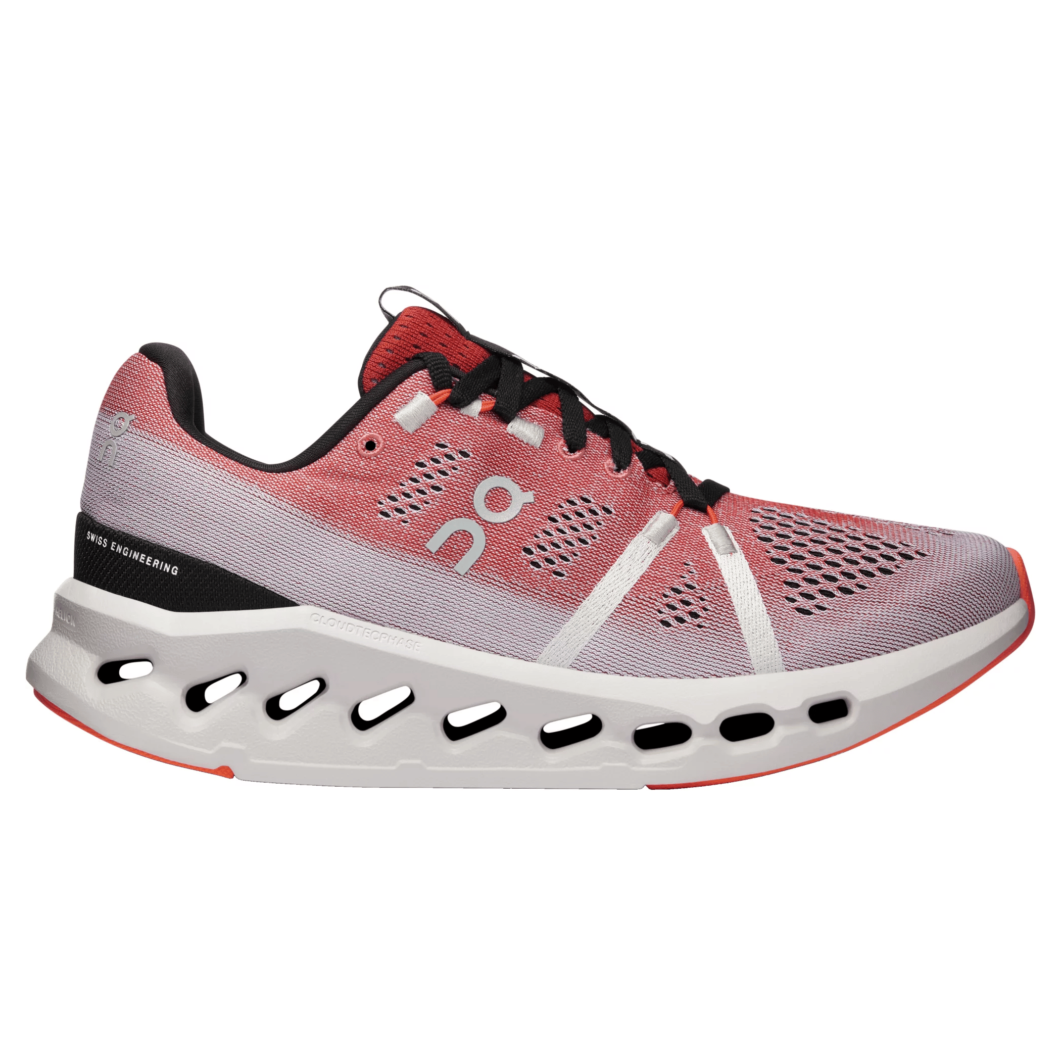 Running shoe with a red and white mesh upper, black laces, and distinctive cushioning technology on the sole, showcasing Swiss engineering.