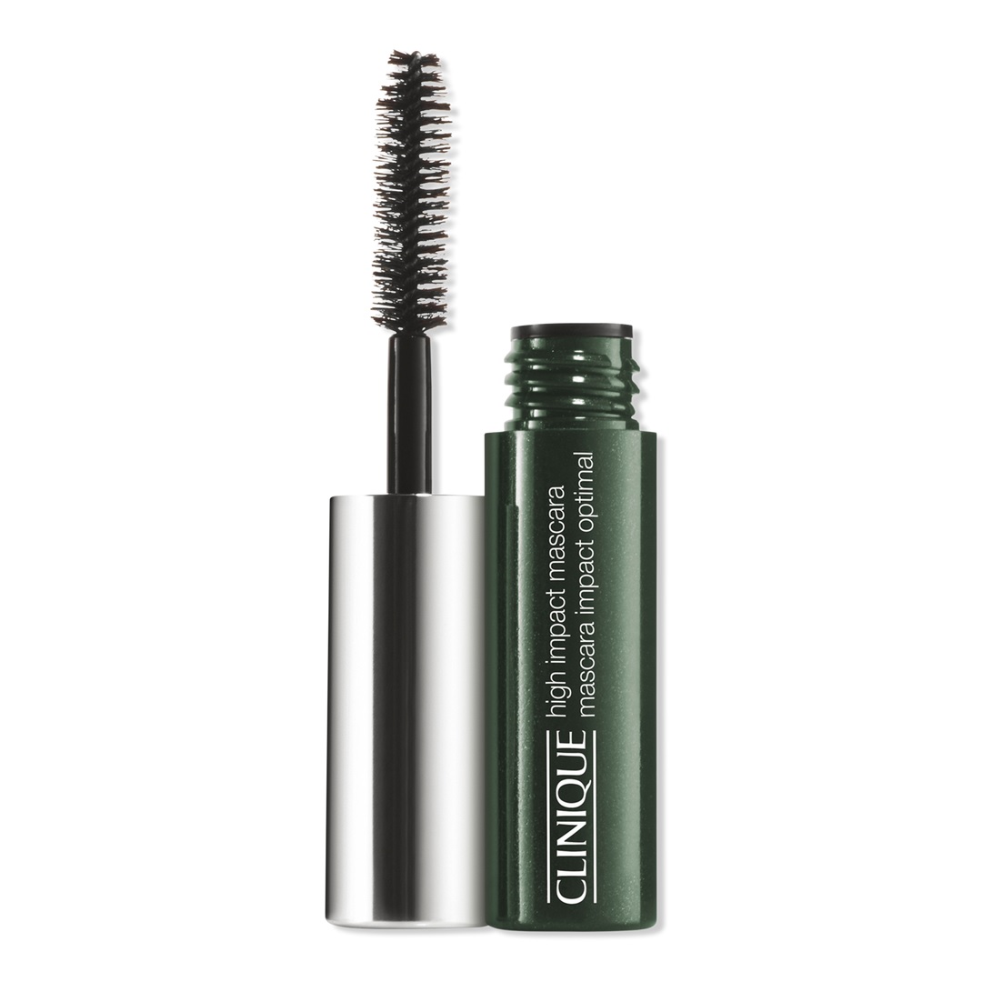 Clinique High Impact Mascara Mini features a green tube with a silver cap and a dense brush applicator, designed to enhance lash volume and length.