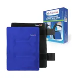 Extra large gel pack with wrap from TheraPAQ for hot and cold therapy, designed to relieve pain and swelling. The package includes a blue gel pack and a black wrap with two straps for secure placement on various body parts.