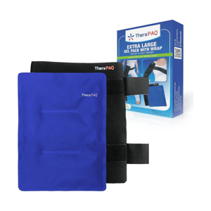 Extra large gel pack with wrap from TheraPAQ for hot and cold therapy, designed to relieve pain and swelling. The package includes a blue gel pack and a black wrap with two straps for secure placement on various body parts.