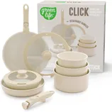 GreenLife 10-piece cookware set with beige detachable handles, including pans, pots, and glass lids.
